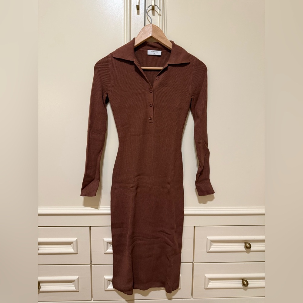 Aritzia Babaton Brown Ribbed Long Sleeve Midi Dress Women’s Size 2XS
